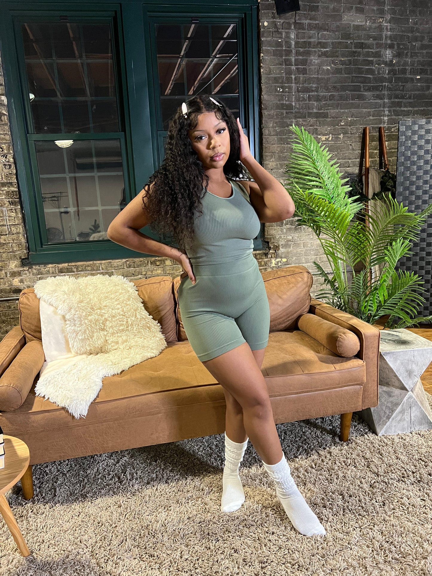 Olive Green ribbed two piece short set